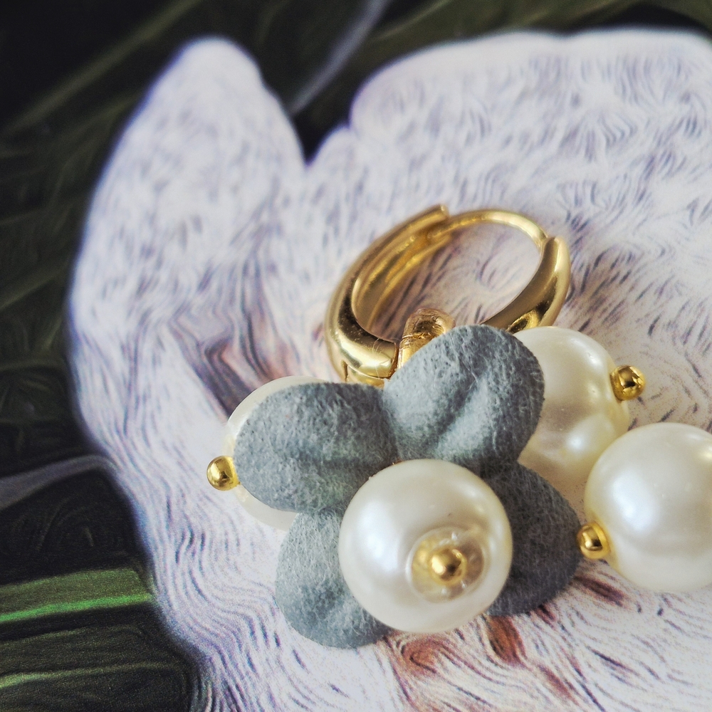 18k Gold Plated Oval Hool Pearl & Leather Flower Drop Earrings 2 In 1 - Picture 5 of 7